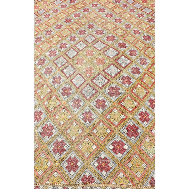 Colorful Vintage Turkish Flat-Weave Embroidered Rug With Geometric Diamond Design For Sale In Atlanta - Image 6 of 13