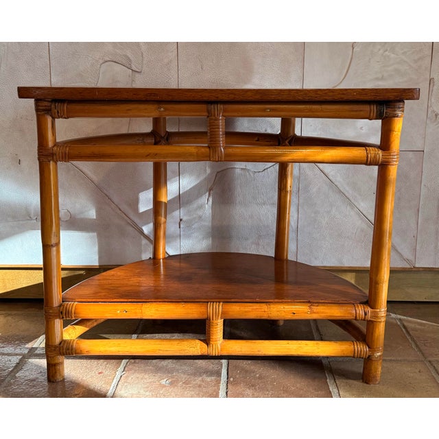 Mid-Century Modern Vintage 1940’s Mid-Century Original Condition Rattan, Bamboo Two Tier Drink Table, Side Table in Rare Demi-Lune Shape, Palm Beach Style For Sale - Image 3 of 12
