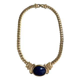 Vintage Trifari Necklace With Faux Lapis Cabachon For Sale