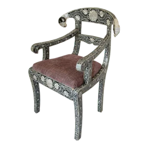 Anglo-Indian Mughal Mother of Pearl Inlaid Klismos Armchair With Ram Head 1 of 2