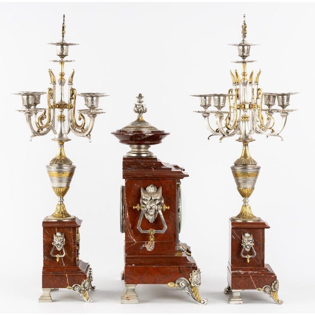 Stone H & F Paris Circa 1900 Belle Époque Wolf Heads Garniture, Rouge Royal Marble For Sale - Image 7 of 9