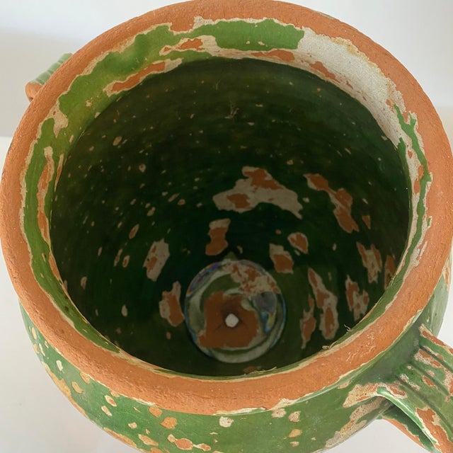 French Antique French Green Partially Glazed Pottery Vase With Handles For Sale - Image 3 of 10