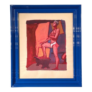 "Tighties" 1950's Gouache Male Nude Mid Century Painting Pink Red Blue Frame For Sale