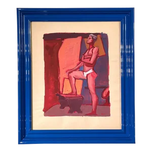 "Tighties" 1950's Gouache Male Nude Mid Century Painting Pink Red Blue Frame