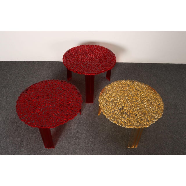 Set of three contemporary 'T' side tables designed by Patricia Urquiola for Kartell (ca. 2006, Italy). Composed of batch...