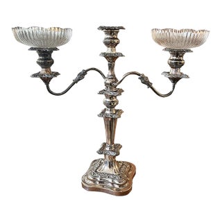 Silver Plated Candlestick With Glass Bobeches For Sale