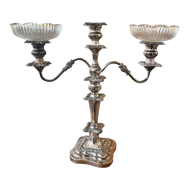 Silver Plated Candlestick With Glass Bobeches For Sale