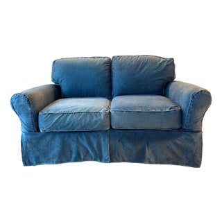 Custom Made Vintage Blue Jean Denim Slipcovered Sofa in the Manner of Ralph Lauren For Sale