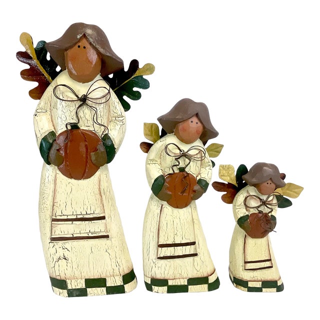 1980s Vintage Americana Fall Harvest Wood & Tole Angel Figurines - Set of 3, Thanksgiving. For Sale