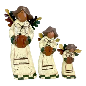 1980s Vintage Americana Fall Harvest Wood & Tole Angel Figurines - Set of 3, Thanksgiving.