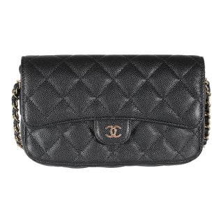 Black Quilted Caviar Flap Phone Handbag With Chain For Sale