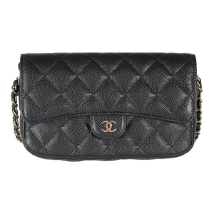 Black Quilted Caviar Flap Phone Handbag With Chain