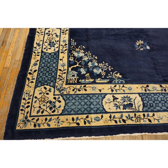 1900s Blue Classic Greek Key Swastika Anitque Chinese Peking Wool Room Size Rug For Sale - Image 9 of 10