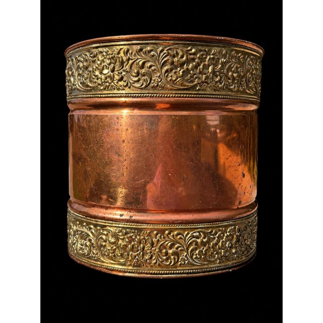 Copper Antique Copper & Repoussé Brass Victorian-Style Wastepaper Basket / Decorative Waste Bin For Sale - Image 8 of 10