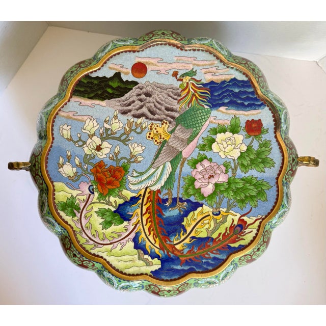 Here is a beautifully detailed vintage Chinese cloisonné lidded vessel in a striking pumpkin or melon form, featuring...