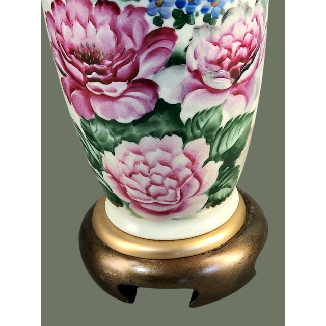 Contemporary Vintage Frederick Cooper Hand Painted Peonies Signed Floral Table Lamp For Sale - Image 3 of 12