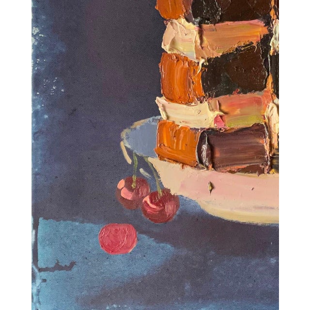 1990s Vintage Still Life Oil Painting: Cake & Cherries, Ukrainian Art 50-40 For Sale - Image 5 of 6