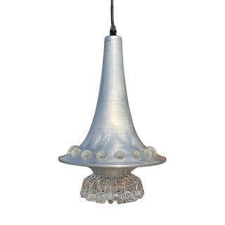 Mid-Century Modern Space Age Silver Aluminium Trumpet Hanging Lamp with Crystal Glass Diffuser, 1960s For Sale