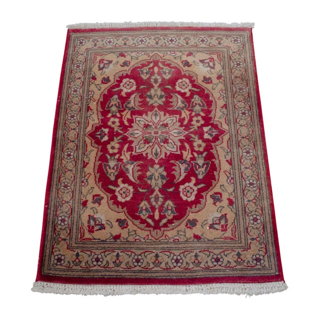 1970s Distressed Turkish Yastik Petite Rug Low Pile Hand Knotted Mat - 1'8'' X 2'4'' For Sale - Image 5 of 14