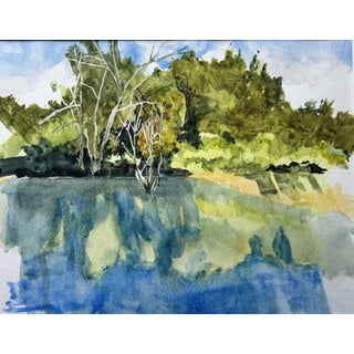 Where the Forest Meets Life by Timothy J. Standring | Watercolor on paper of trees by a water body For Sale