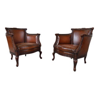 Louis XV Style Bergere Club Chairs in Italian Aniline Leather - a Pair For Sale