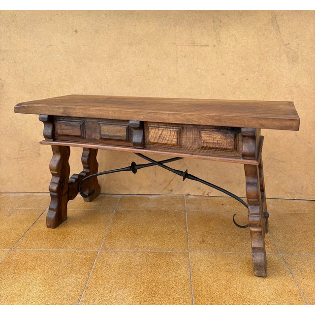 1930s Low Rustic Walnut Console Table with Two Drawers and Iron Stretcher For Sale - Image 9 of 9
