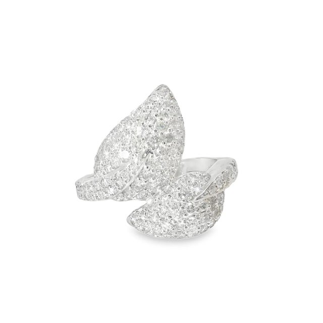 14K white gold ring featuring a delicate leaf-inspired design set with numerous brilliant round diamonds totaling 2...