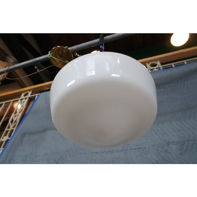 Vintage Brass Milk Glass Schoolhouse Hanging Pendant Swag Light Chandelier For Sale - Image 6 of 12