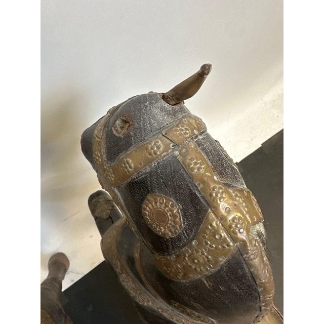 Indian Pair of Antique Hand Carved Marwari War Horse Sculptures Pair Indian Wood Brass Copper For Sale - Image 3 of 14
