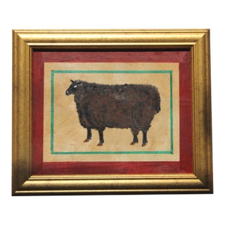 Black Sheep Folk Art Americana English Traditional Beige Burgundy Original Oil Painting by Cleo Plowden For Sale