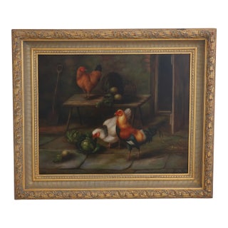 Framed Oil Painting Canvas 3 Chickens on Table For Sale