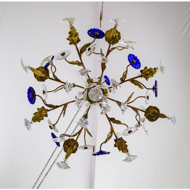 1910s Indigo Blue Crystal Flowers & Gilt Vine Chandelier For Sale - Image 9 of 13