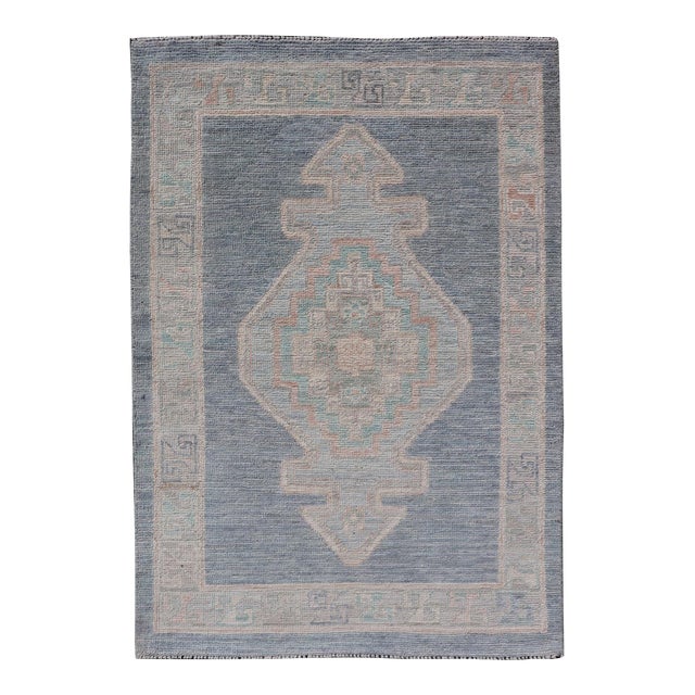 Medallion Designed Modern Oushak With Blue Background and Cream Border 2'7 X 3'11 For Sale