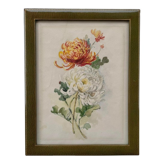 Green Leather Frame Floral Watercolor Painting Chrysanthemum Flowers For Sale
