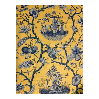 Vintage Yellow & Blue Asian Print Fabric For Sale
