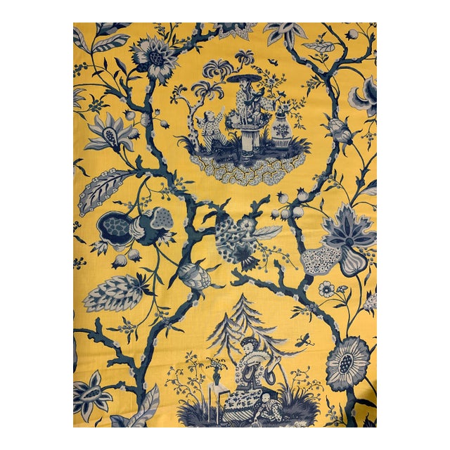 Vintage Yellow & Blue Asian Print Fabric For Sale