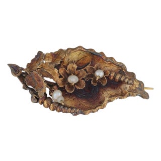 Antique Pearl Floral Leaf Brooch Pendant 14k Yellow Gold 1860s Pin For Sale