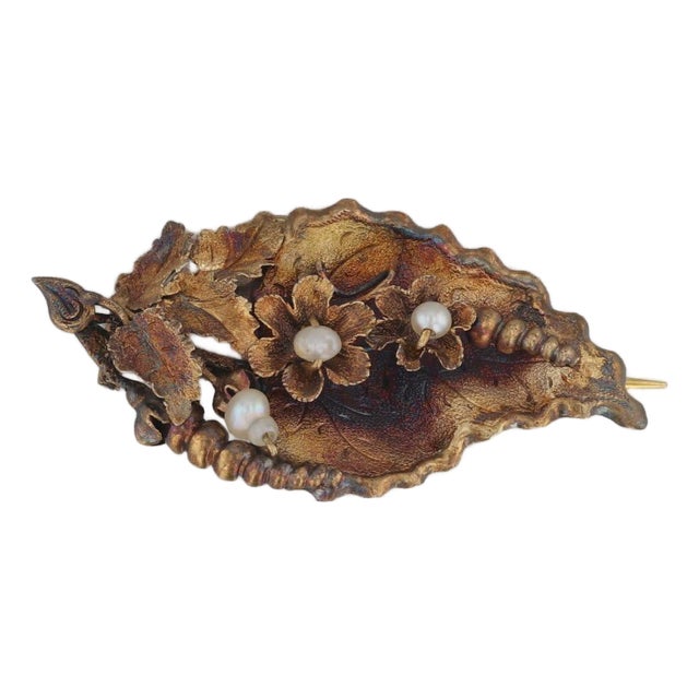 Antique Pearl Floral Leaf Brooch Pendant 14k Yellow Gold 1860s Pin For Sale