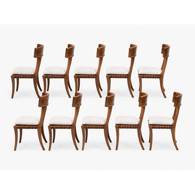 Mid-Century Modern Vintage Klismos Style Solid Walnut Dining Chairs White Boucle- Set of 10 For Sale - Image 3 of 4