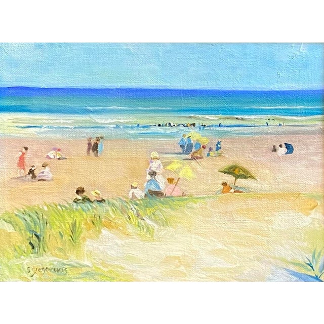 Oil painting on hand stretched linen canvas of a Long Island beach scene with sea and bathers in the distance and sun...