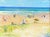 Oil painting on hand stretched linen canvas of a Long Island beach scene with sea and bathers in the distance and sun...