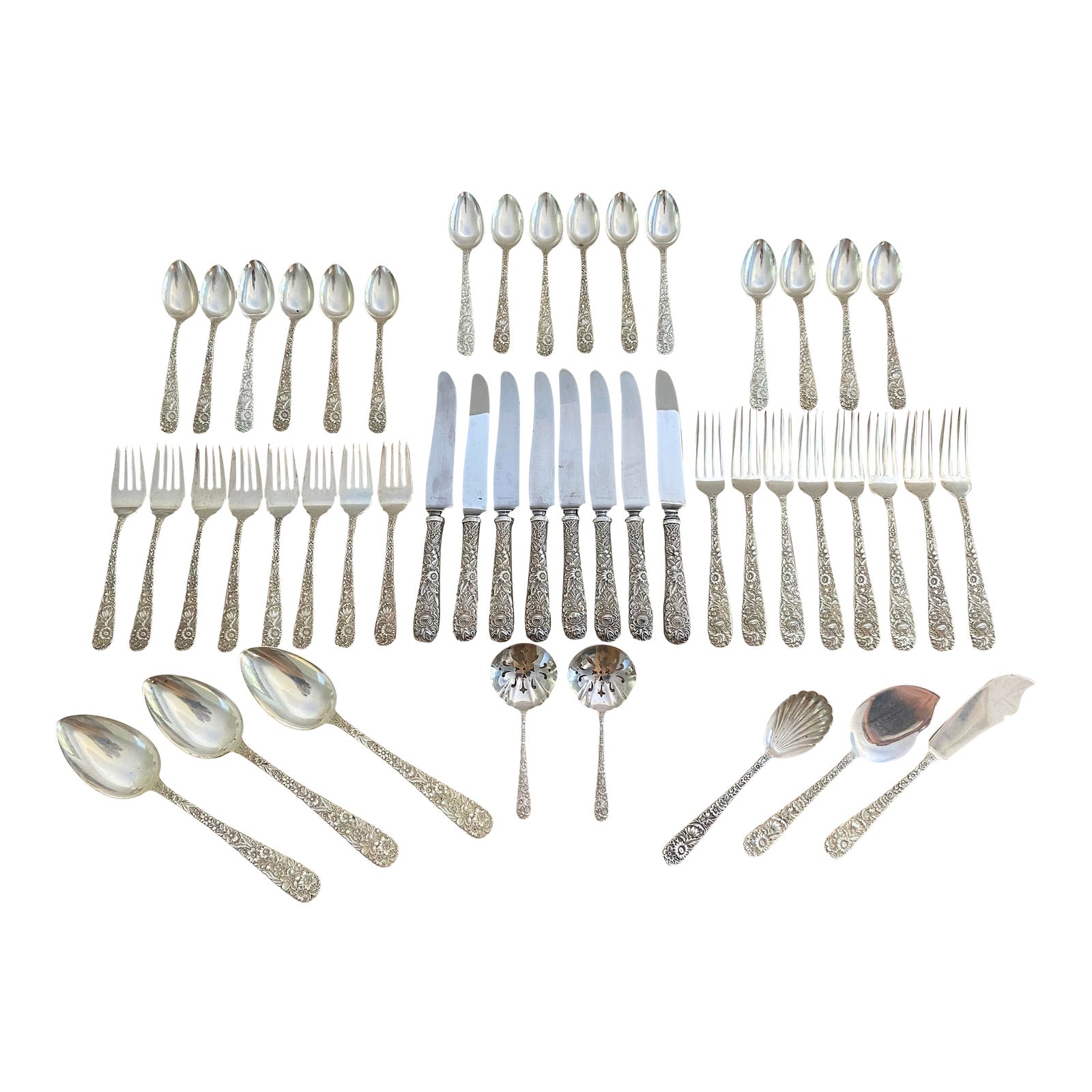 1950s Kirk Son Sterling Silver Repousse Flatware Service for