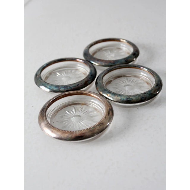Mid Century Leonard Silver Plate and Glass Coaster Set 4 For Sale - Image 6 of 12