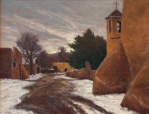 Quiet Winter Walk by Lorenzo Chavez | Pastel depicting a snow-covered village road with buildings.