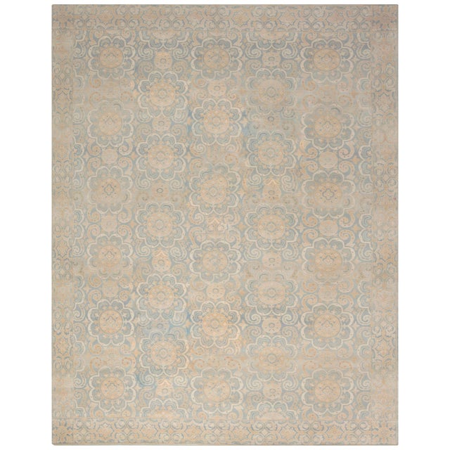 Modern Granada Floral Design Beige, Blue Handmade Wool Rug by Doris Leslie Blau For Sale