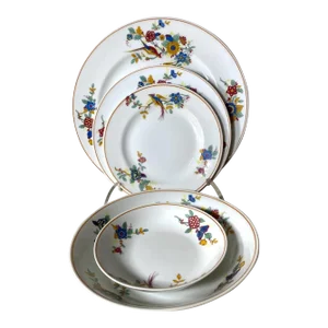 Vintage Charles Ahrenfeldt Limoges France - 5 Piece Place Setting, Florals & Birds, Yellow Band, Smooth