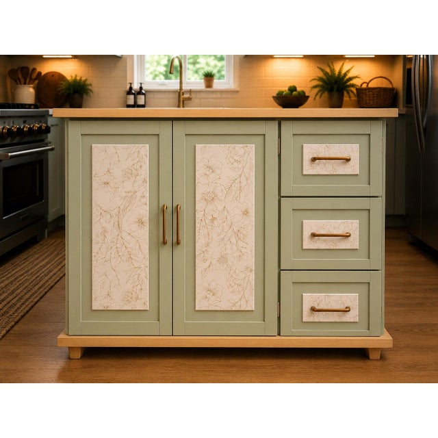 Contemporary Sage Green Expandable Kitchen Island & Storage Cabinet – Custom Refinished by Artera For Sale - Image 3 of 11