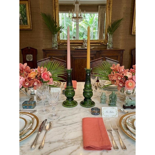 Ceramic Pair of Moroccan Emerald Green Glazed Ceramic Candlesticks For Sale - Image 7 of 9