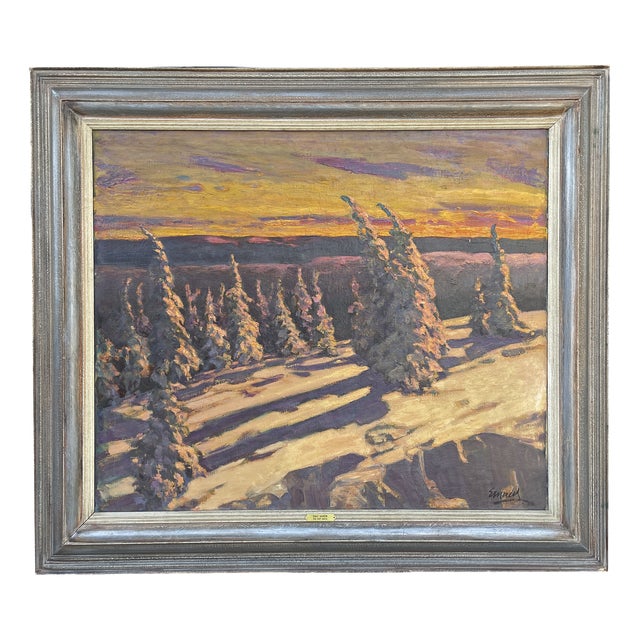 Emil Maier, Snowy Firs at Sunset, 1920s, Oil Painting on Canvas For Sale