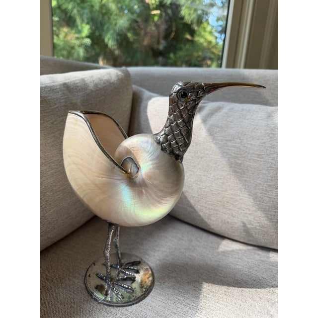 Mid-Century Modern Binazzi Firenze Silver Plate & Nautilus Shell Bird Sculpture, 1970s. Signed. For Sale - Image 3 of 10